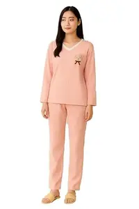 Pre Winter Night Suit for Women Light-Weight Pajama & Top Set Fuzzy Fleece Knitted Long Sleeve Loungewear Peach Color Pack of 1 (M)