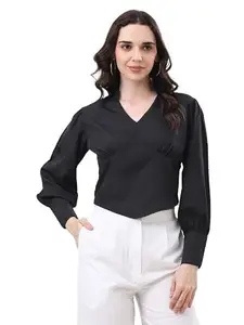 NAVRAAH Women's Crepe Fabric Black V-Neck Top | Full Sleeve Stylish Regular Fit Blouse for Casual & Office Wear - S