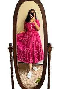 Brown Floral Print Dress, Short Sleeve, Fit and Flare Style, Knee Length, Cotton Blend