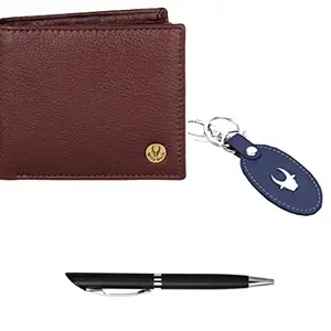 WildHorn Leather Wallet Keychain & Pen Combo for Men I Gift Hamper (GIFT2055+BLK S+BLU Kring)