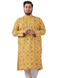 SOJANYA PLUS (Since 1958) Men's Cotton Linen Multi-Printed Yellow Long Kurta