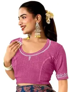 MISS WEARS Women's Regular Fit Readymade Stretchy Elbow Length Embroidered Saree Blouse