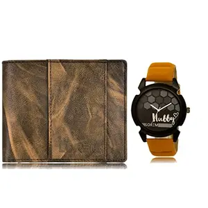LOREM Combo of Orange Wrist Watch & Brown Color Artificial Leather Wallet (Fz-Wl20-Lr32)