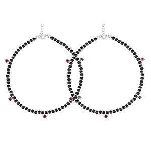 DHRUVS COLLECTION 925 Exclusive Adjustable Nazariya Payal (Anklet) with Black Beads & Red Stone (Crystal) in 92.5 Silver for Girls and Women - Pair