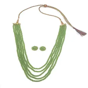 MANBHAR GROUP - GREEN CRYSTAL SEMI PRECIOUS GEMSTONE BEADS 5 LAYER NECKLACE WITH STUD EARRING FOR GIRL AND WOMEN BEADED 16" LONG ROUND FACETED NECKLACE FASHION JEWELLERY