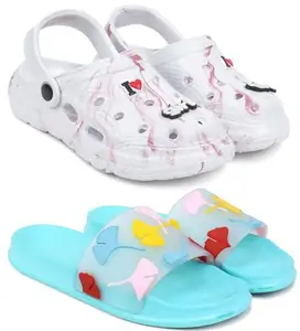 Pampy Angel Combo Pack of 2 Slipper/Flip Flops/Slides/Clogs/Sandals with Adjustable Back Strap for Women,(WCL-LGirl-White,Gobi-Blue),38 (Euro)