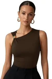 TIVANTE Solid Asymmetric Neck Crop Top with Buckle Detail for Women Stylish Western | Sleeveless top for Women | Korean top