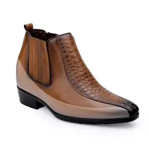 Baxxico Men's 3.5 Inch Hidden Height Increasing Tan Faux Leather Formal Slip-on Chelsea Shoes-9UK[BAX1001-Tan]