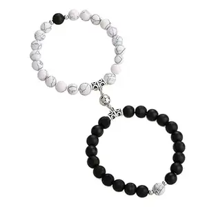 BEAUTIVIA I Love You 2 Pcs Magnetic Valentines Day Broken Heart Love Couples Promise 2 in 1 Duo Wrist Band Cuff Elastic Field Therapy 8mm Black Beads Stone Moti Bracelets (White Black)