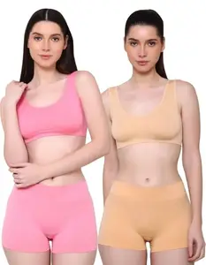Women's Seamless Sports Bra and Shorts Set, Pink and Beige, 2 Piece Workout Outfit (Free size)