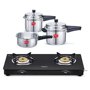 Impex KSC-2 Kitchen Special Combo of 2 Burner Glasstop Gas Stove and 2,3 & 5 litres Pressure Cooker Combo - Outer Lid, Aluminium, Silver price in India.