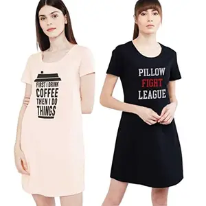 Young Trendz Women Cotton Nightdress |Knee Length| Graphic Print Sleepwear Dress for Girls| Funky Printed Relax Nightgown |Tshirt Nighty |Short Cute Print loungedress Combo