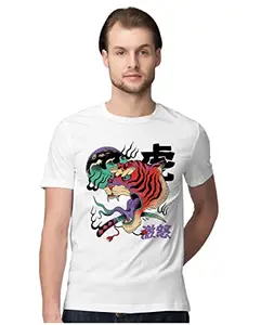 ALLEN BLACK Men's Regular Fit T-Shirt Psychedelic Japanese Tiger - Artwork 100% Cotton T-Shirt White_PSYCTIGER-White L Men Round_