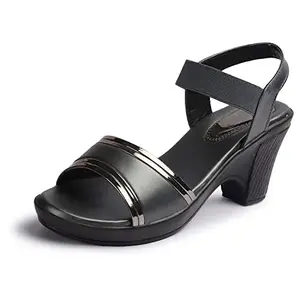 XE Looks Women's Grey Block Heel Sandals | Sleek Open-Toe Design with Elastic Strap | Comfortable and Stylish Heels For Girls & Women