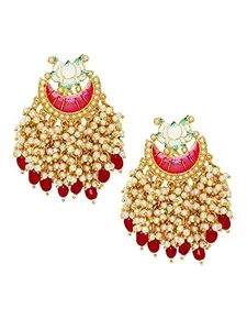 OOMPH Jewellery Rani Pink Meenakari & Pearls Ethnic Drop Earrings - Lotus Design For Women & Girls (EHC35_Z)- For Women & Girls Stylish Latest