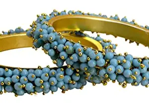 The Golden Cascade Firozi Color Metal Kada Pearl Studded Gold Plated Design Kada's for Women & Girls/Beads (Firozi, Medium 2-6)