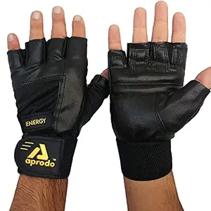Aprodo Leather Palm Gym Gloves with Wrist Support + Double Stitched (Free Size Energy Gloves, Free Size)
