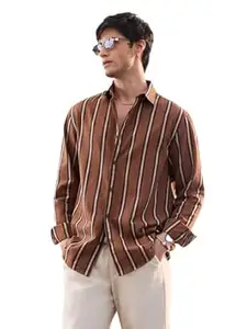 The Souled Store Cotton Linen Stripes: Chestnut Men and Boys Long Sleeve Spread Collar Striped Casual Lightweight Everday Office Wear Streetwear Regular Fit Cotton Linen Shirt