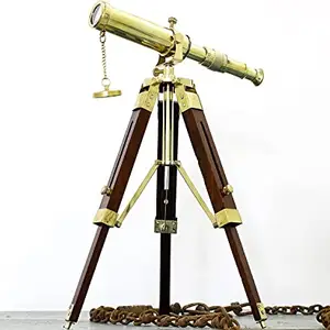 Tecmetooze Antique Handmade Tripod Telescope Desktop Decorative Shiny Brass Wooden Stand