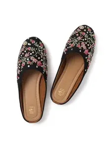 OPIVE FASHION HUB Sole PVC Embroidered AttractiveCanvas Slip-On Bellies/Jutti/Mojari for Women and Girl's (Black/Size-9)