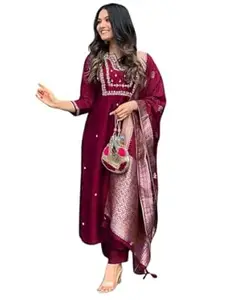 BVMStore Women's Viscose Silk Heavy Embroidered Straight Kurta With Trouser & Banarasi Jacquard Dupatta Set