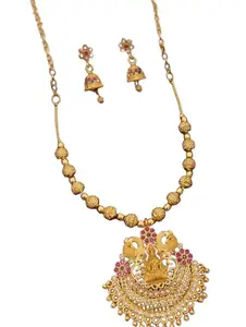 Traditional Gold Plated Laxmi Temple Jewelry Necklace Set with Multi Kempu Stones & Pearl Fringe | Bridal Laxmi Long Haar for Festivals For Women