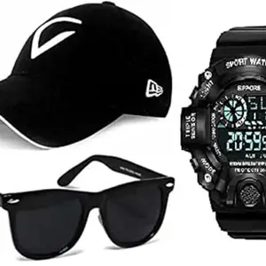 GIFFEMANS GFMN1285 Digital Black Dial Black Strap Watch with Sunglasses and Cap for Boys (Combo of 3)