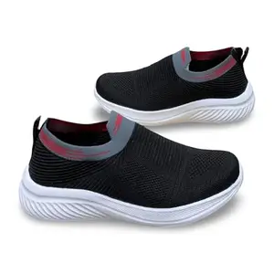 Slip-On Knit Sports Shoes, Grey with Orange Accents, Lightweight Mesh Upper, White Cushioned Sole (Black, UK Footwear Size System, Adult, Men, Numeric, Medium, 9)