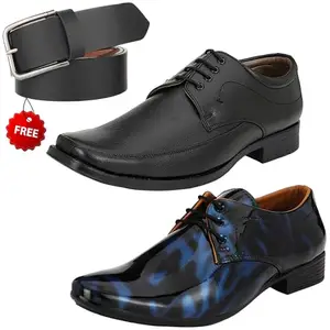 Unique Trendy Formal Shoes/Party Shoes/ 2 Shoes Combo with Free Belt for Men and Boys (BAZAAR9306_VTR01-Blk-Blu002-Bdr-Blk-1-Blk) Multicolor