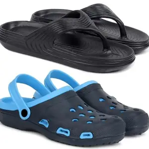 Pampy Angel Combo Pack of 2 Slipper/Flip Flops/Slides/Clogs/Sandals with Adjustable Back Strap for Men,(V-Evafeet-Black,Cl-Shell-Blue),8 (UK/India)