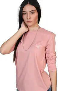 Happier Print Full Sleeves Oversized Pink T-Shirt for Women, Drop Shoulder T-Shirt