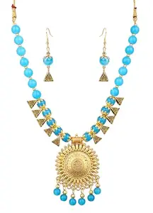 PUJVI Fashions Oxidised SkyBlue Moti Golden Round Sun Design Necklace set for girls or womens.