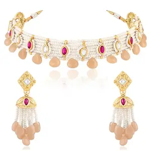 Peora Gold Plated Peach Faux Ruby & Beads Studded Necklace with Dangle Earrings Ethnic Jewellery Set for Women & Girls