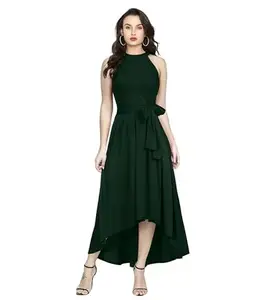 Women's Polyster Solid Helter Neck Sleeveless Dresses (Green, S)-PID56771