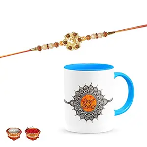 Manonita Rakhi Gift for Brother, bhaiya bhabhi, Gift Set (Rakshabandhan Mug, Roli,Chawal) BLUEMUG-18-BJ