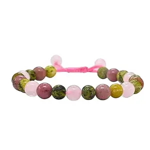 RRJEWELZ Natural Rhodonite, Rose Quartz & Mookaite Round Shape 10mm Smooth Beads Pink Color Threaded Adjustable Bracelet For Men & Women. |TDBR_1571