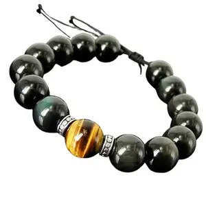Lady Works Natural Black Obsidian With Tigers Eye Threaded Bracelet 10mm Round Smooth Beads Black Obsidian With Tigers Eye Adjustable Thread Bracelet. Unisex Macrame Yoga Bracelet.|LW_TDBR_0474
