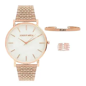 Joker & Witch Stainless Steel Love Jinx Rosegold Leo Love Triangle Women Analogue Watch Gift Sets, White Dial, Rose Gold Band