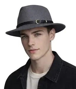 Krystle Men’s Brown Fedora Hat with Black Belt Buckle Band – Classic Wide Brim Felt Hat for Men, Stylish Western & Casual Wear (Multicolor,Free Size)