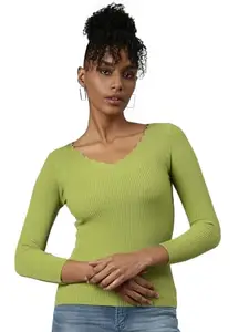 SHOWOFF Women's Long Sleeves Solid V-Neck Green Fitted Top-SNC-1016A_Green_XS