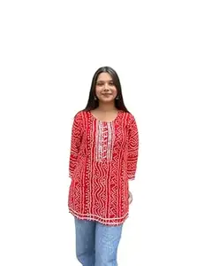 KEERRAZ Women's Rayon Bandhej/Bandhani Short Kurta with Lace Work,3/4 Sleeves, Round Neck