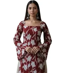 SANGOURI Women Pure Cotton Floral Printed Short Kurti | Square Neck | Full Sleeves | Stylish Ethnic Kurta | Back Tie-Up | Casual Wear Kurta