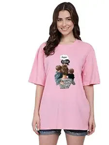 TDOC Women's Pure Cotton Casual Oversized Round Neck Drop Shoulder MOM Printed Tshirt. (XL, Pink)