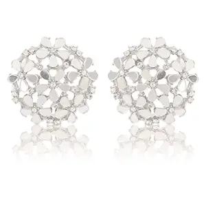TANAIRA Silver Plated American Diamond Stud Mirror Work Earring for Women's, Girls - Geometric Round Shaped Modern Earrings