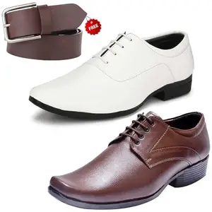 Aadab Trendy Formal Shoes/Party Shoes/ 2 Shoes Combo with Free Belt for Men and Boys (BAZAAR9052_VTR004-Brwn006-Wht-1-Brwn) Multicolor