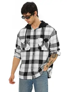 The Souled Store Plaid: Black, White Men and Boys Long Sleeves Hooded Neck Button Front Regular Fit Utility Shirts