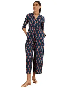 EthnoGlam's Cotton Dark Blue Anarkali Kurti: Striped Ikat Print, Jumpsuit Pattern, Button Line & Waist Belt Work || Kurti, Kurta, Dress or Gown for Teenage Girls & Women (K23)