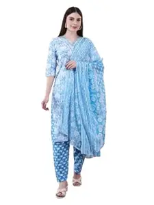 KRIDHAA FASHION BOUTIQUE Women's Cotton Kurta Set with Dupatta, Blue Floral Print, Three Quarter Sleeve, Embroidered Neckline, Contemporary Style, 3 Piece Set