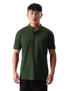 The Souled Store Solids: Dark Olive Mens & Boys Regular Fit Solid Half Sleeve Cotton Green Mandarin Polos Men's Polos Graphic tees Casual Fashion Regular fit Drop Cut Round Neck Printed Shirts
