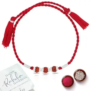 ZULRI 925 Sterling Silver Panchmukhi Three Rudraksha Rakhi for Bhai Cotton Thread | Rakshabandhan Rakhi with Greeting Card & Roli Chawal and Certificate of Authenticity 925 Silver